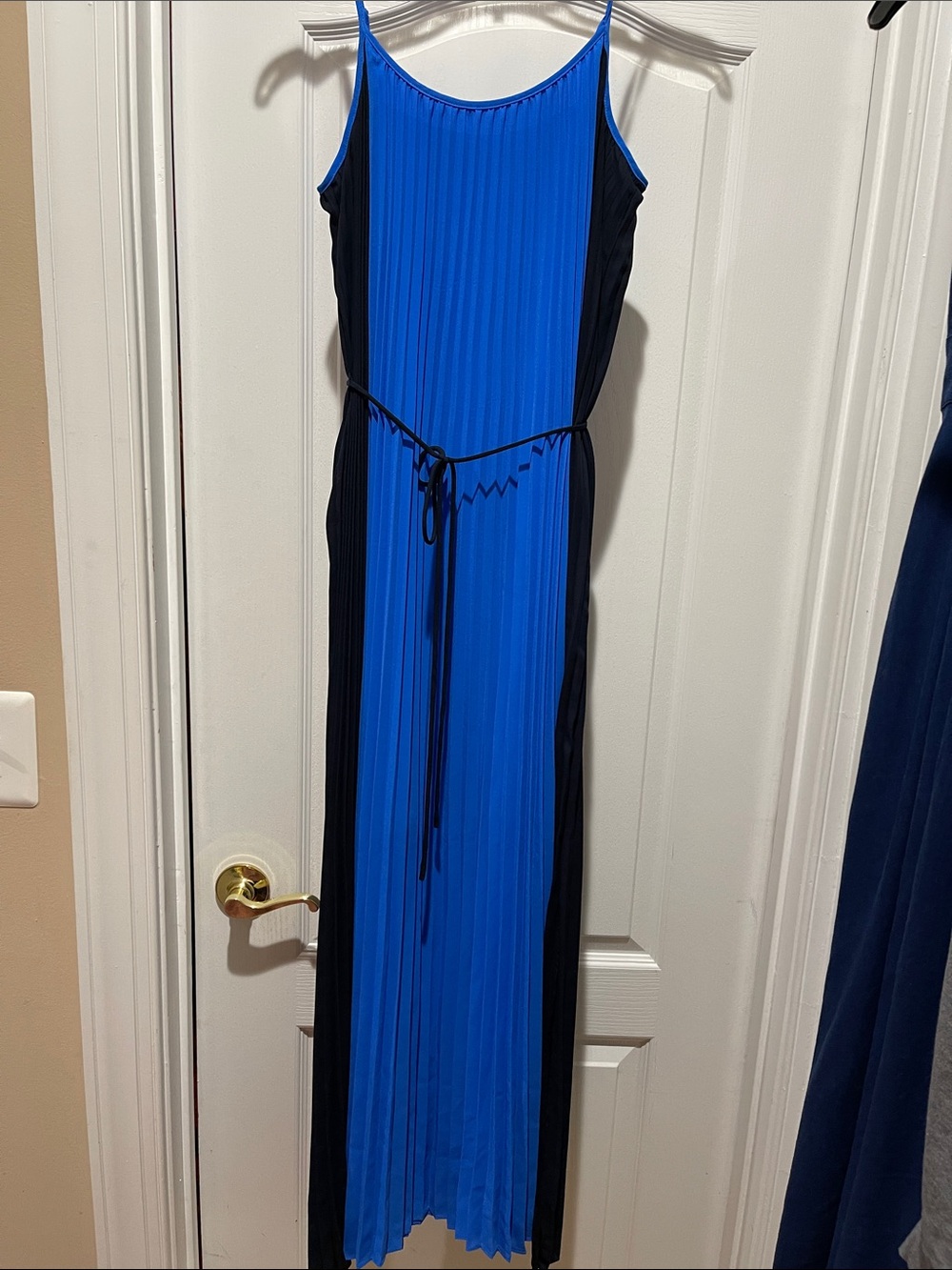 Banana Republic Blue and Black Pleated Maxi Dress with Waist Tie